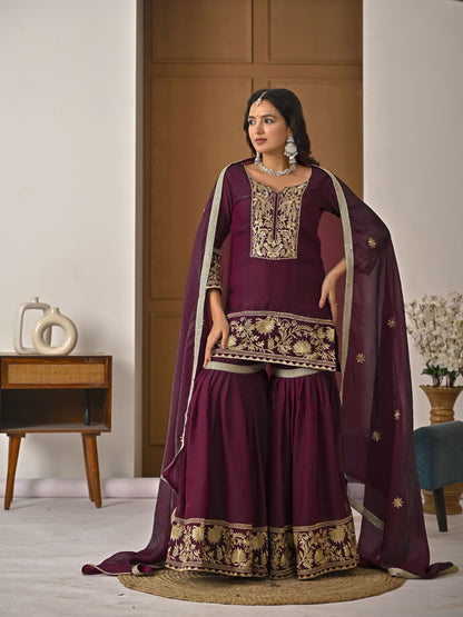 Heavy Fendy Silk Embroidered Top Sharara Palazzo Set with Dupatta
