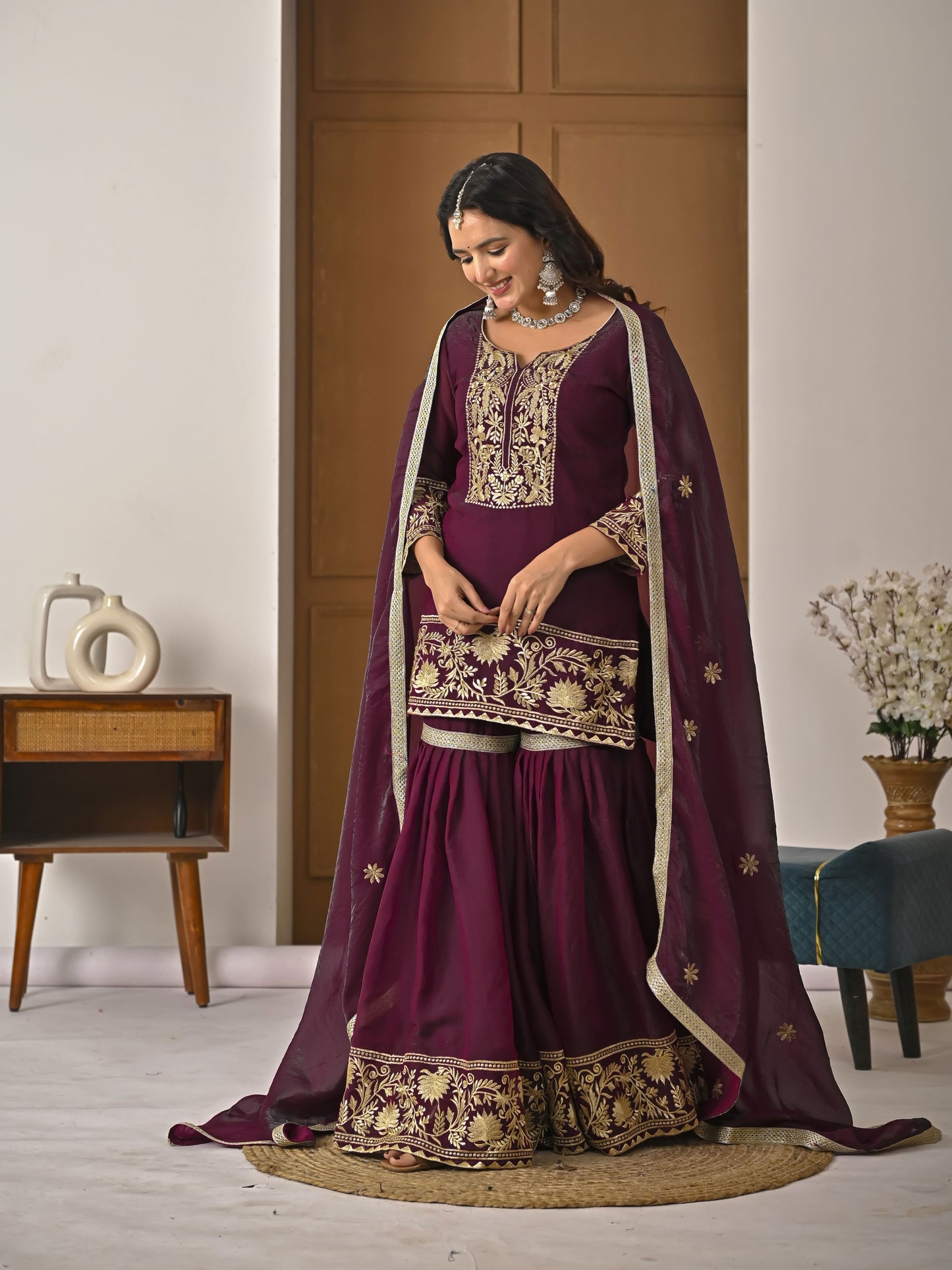 Heavy Fendy Silk Embroidered Top Sharara Palazzo Set with Dupatta