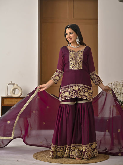 Heavy Fendy Silk Embroidered Top Sharara Palazzo Set with Dupatta
