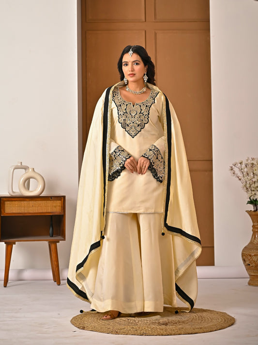 Heavy Roman Silk Embroidered Top Sharara Palazzo Dupatta Set