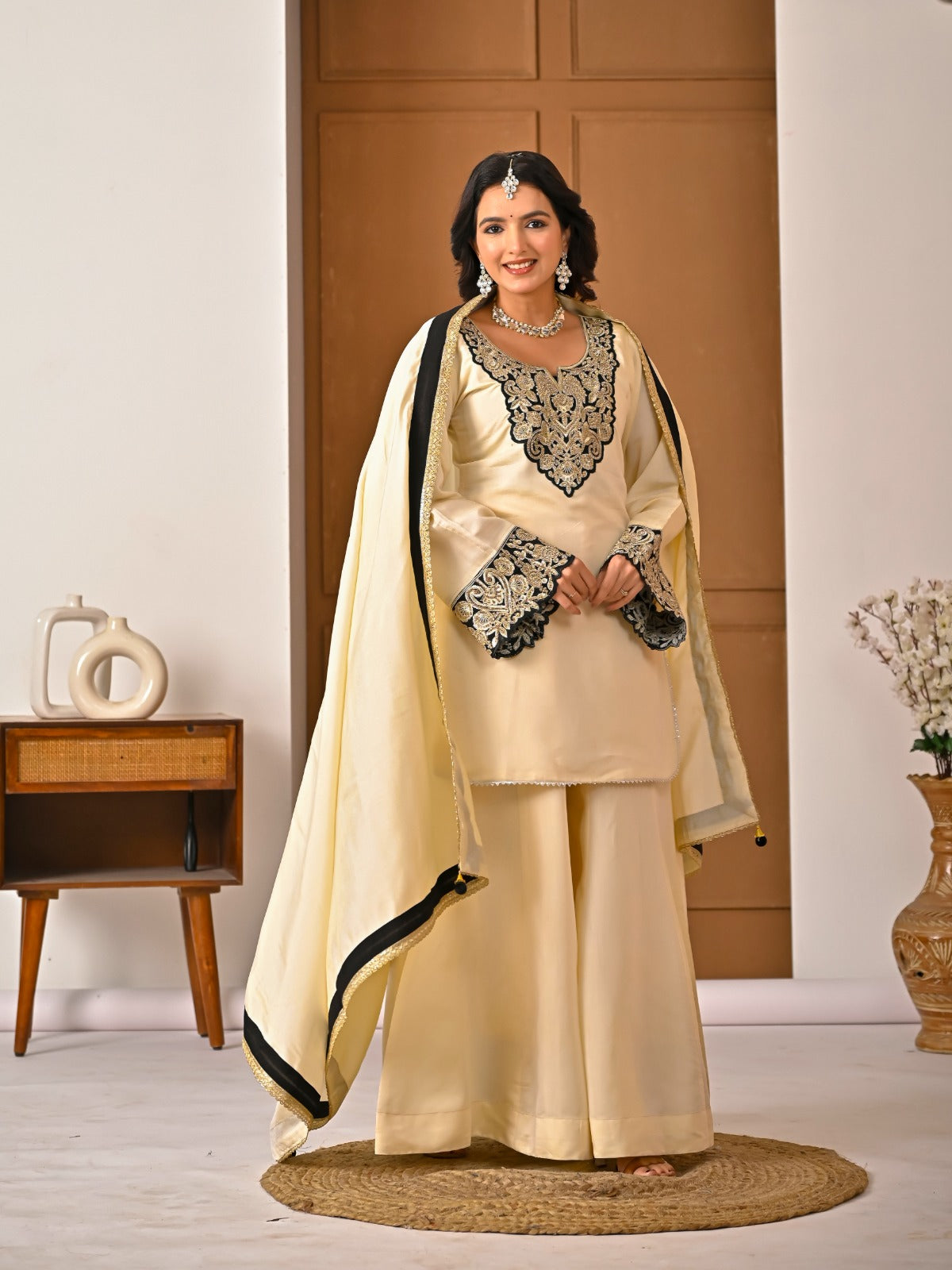 Heavy Roman Silk Embroidered Top Sharara Palazzo Dupatta Set