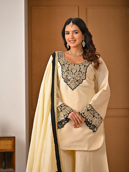 Heavy Roman Silk Embroidered Top Sharara Palazzo Dupatta Set