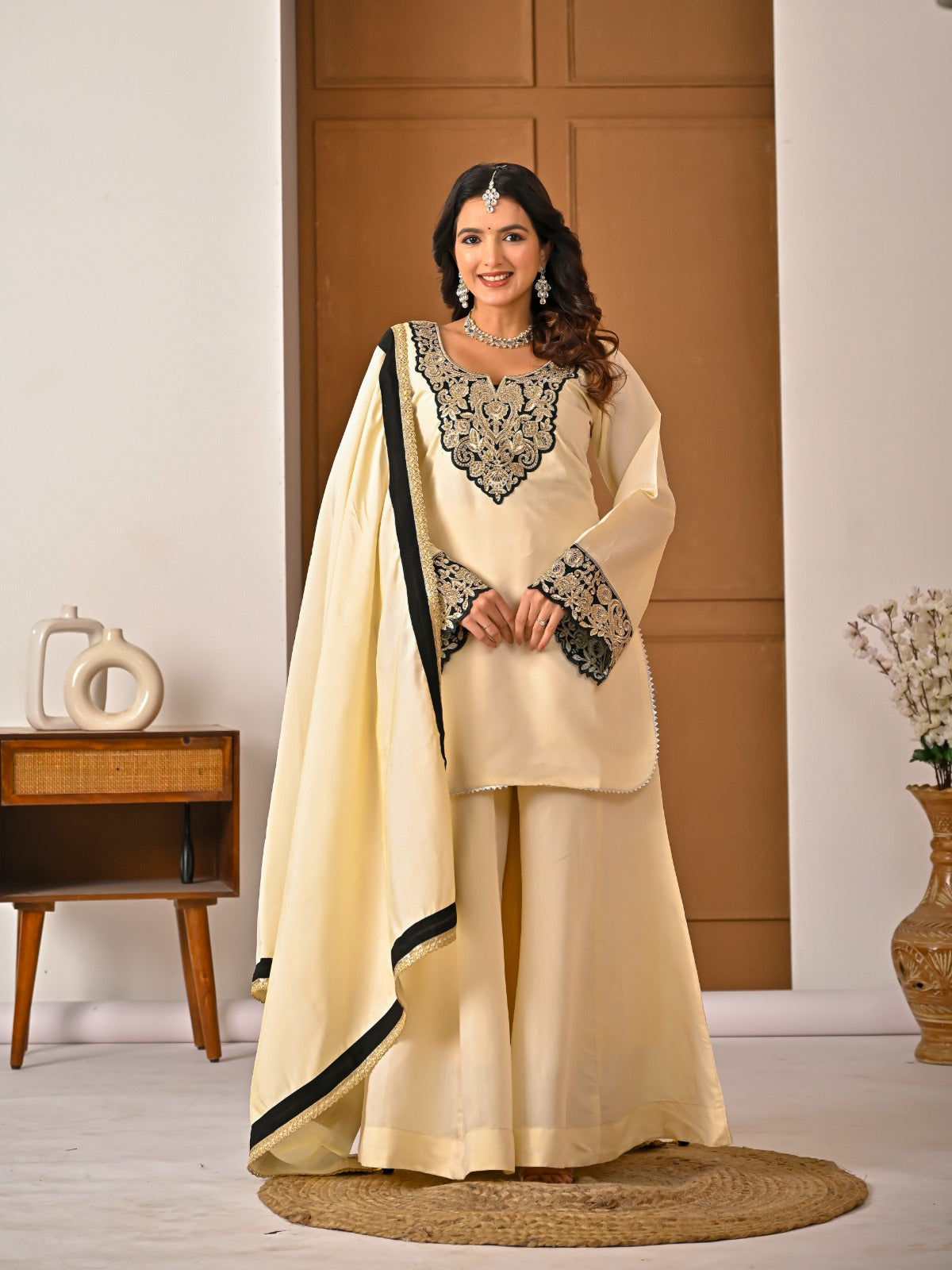 Heavy Roman Silk Embroidered Top Sharara Palazzo Dupatta Set