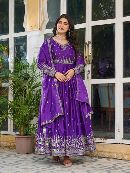 American Silk Embroidered Gown Pant Dupatta Set for Women