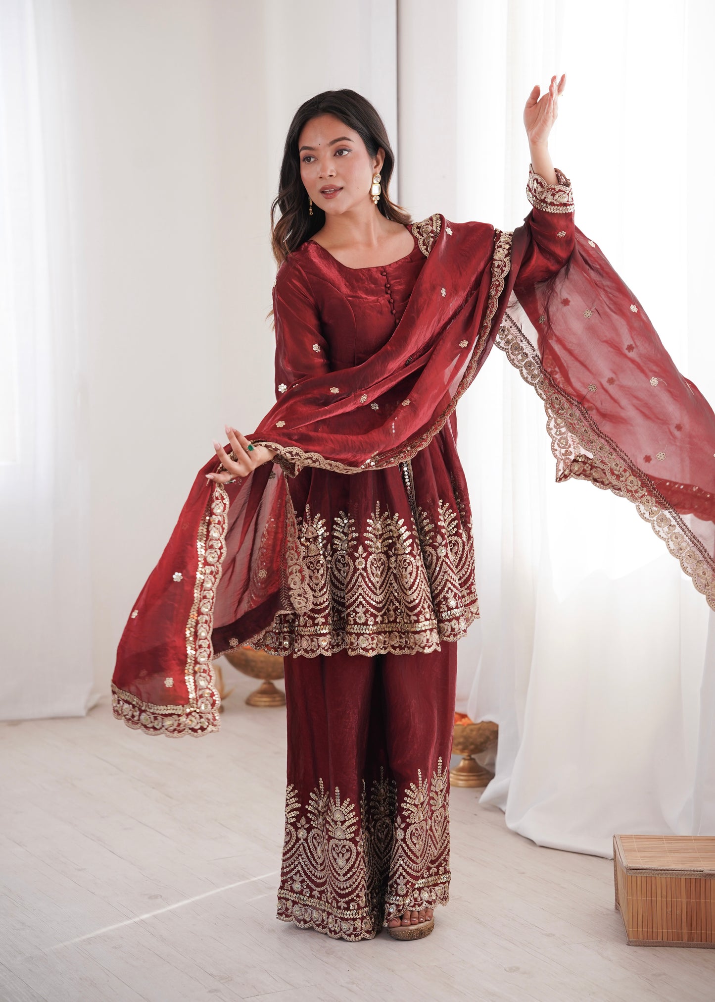 Two Tone Fandy Silk Embroidered Top Palazzo Dupatta Set