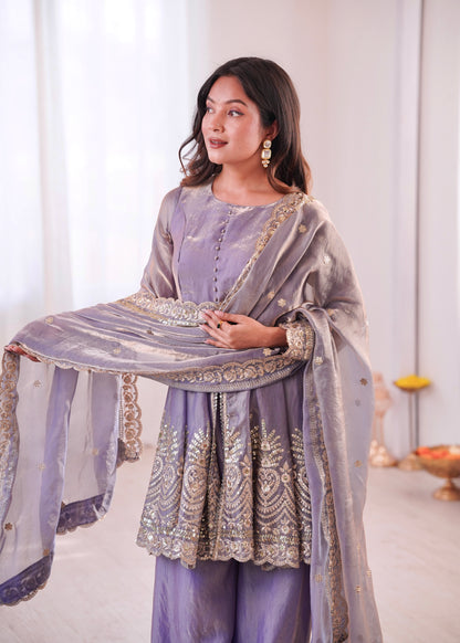 Two Tone Fandy Silk Embroidered Top Palazzo Dupatta Set