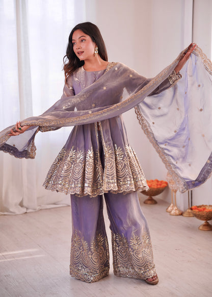 Two Tone Fandy Silk Embroidered Top Palazzo Dupatta Set