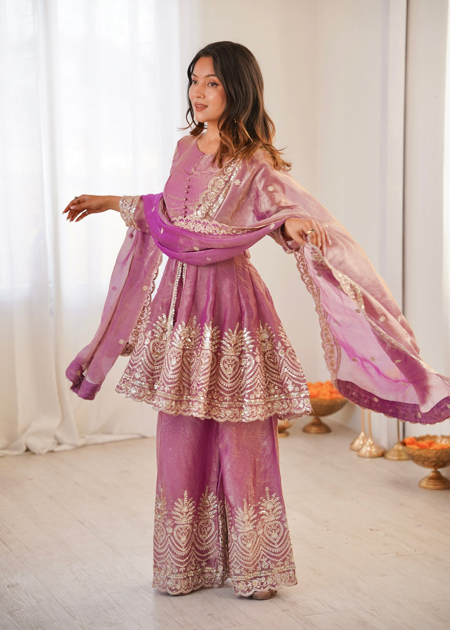 Two Tone Fandy Silk Embroidered Top Palazzo Dupatta Set