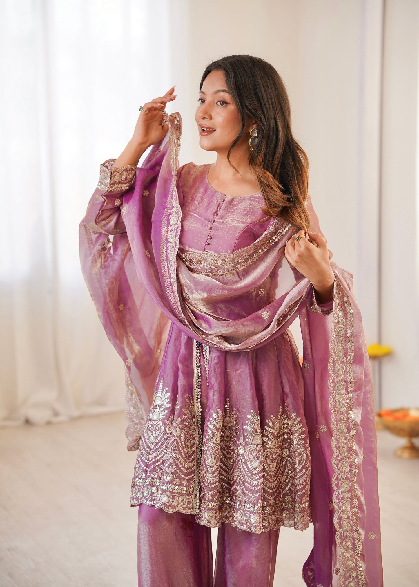 Two Tone Fandy Silk Embroidered Top Palazzo Dupatta Set