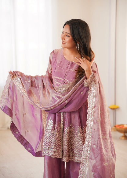 Two Tone Fandy Silk Embroidered Top Palazzo Dupatta Set