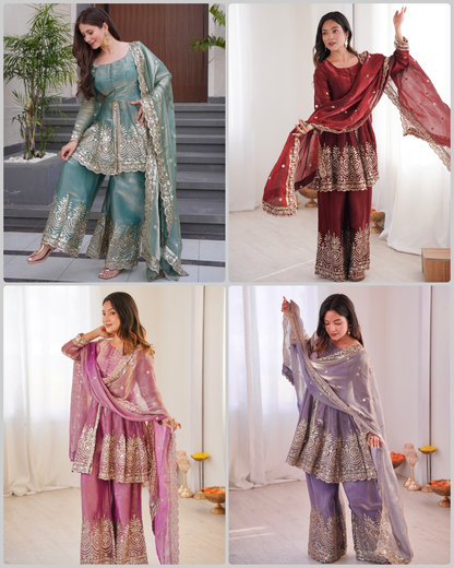 Two Tone Fandy Silk Embroidered Top Palazzo Dupatta Set