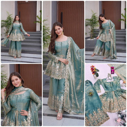 Two Tone Fandy Silk Embroidered Top Palazzo Dupatta Set