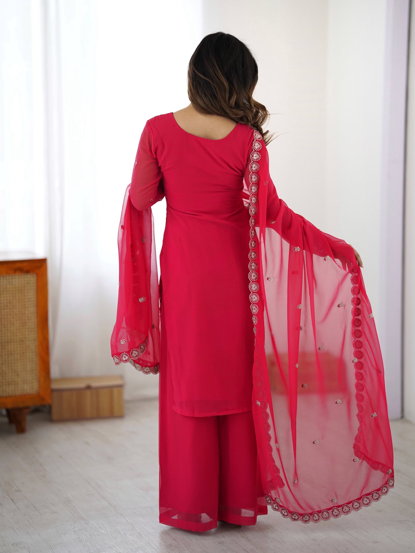 Faux Georgette Embroidered Kurti Palazzo Dupatta Set for Women