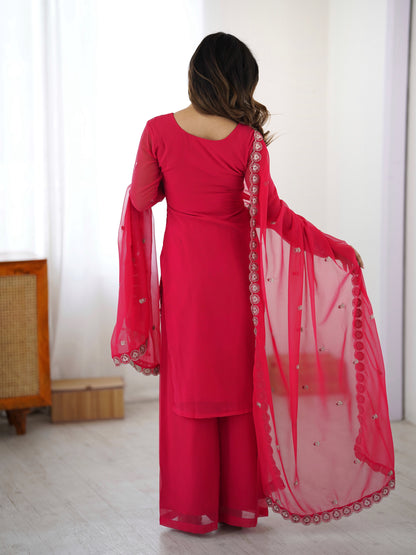 Faux Georgette Embroidered Kurti Palazzo Dupatta Set for Women