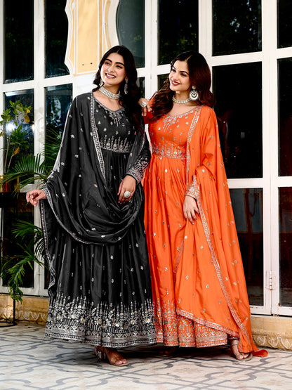 American Silk Embroidered Gown Pant Dupatta Set for Women