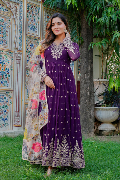 Georgette Embroidered Gown with Pant and Organza Dupatta Set