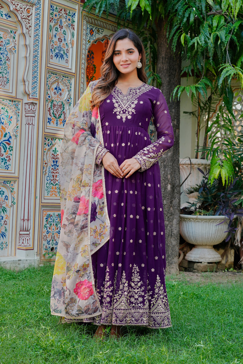 Georgette Embroidered Gown with Pant and Organza Dupatta Set