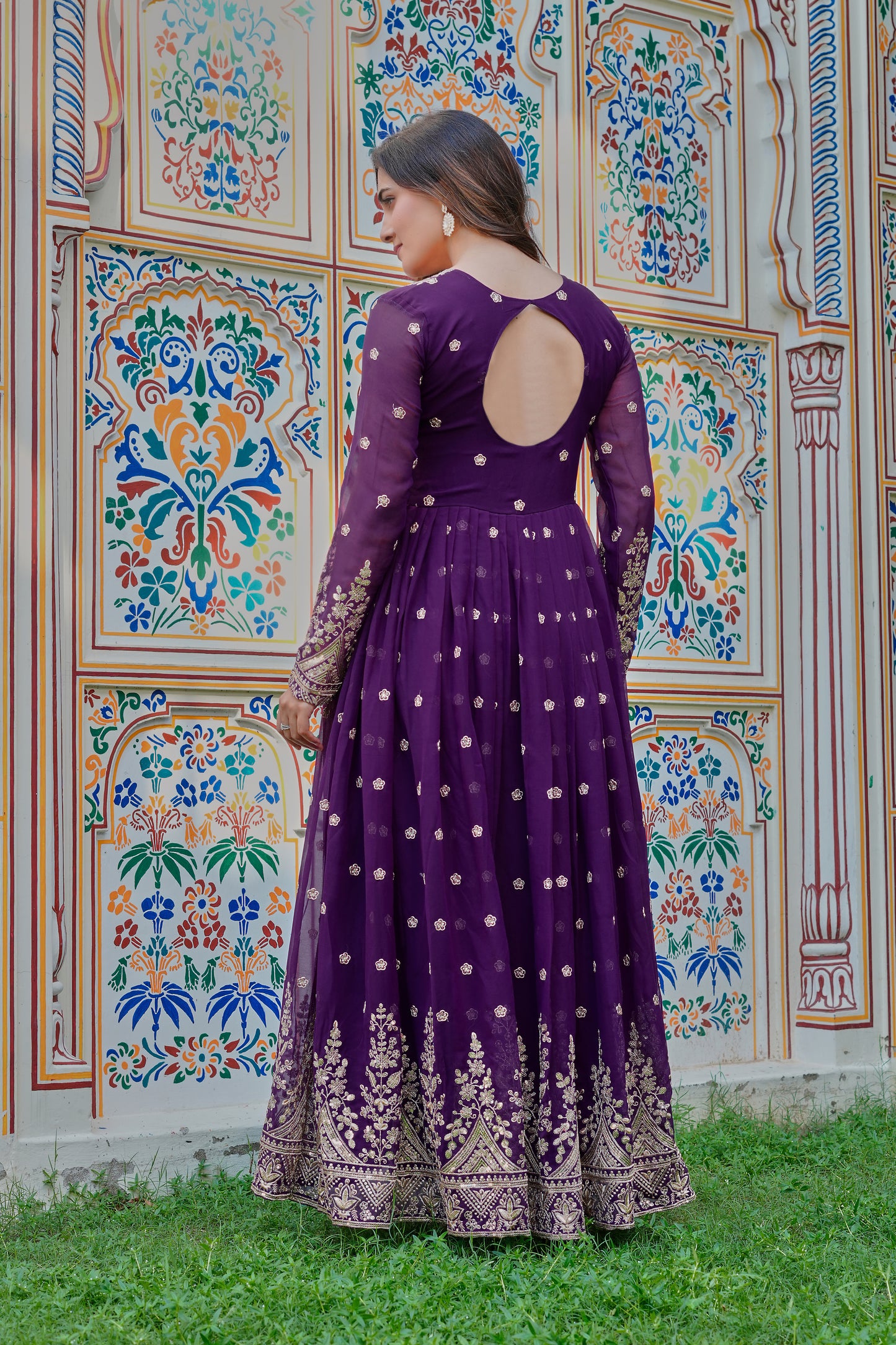 Georgette Embroidered Gown with Pant and Organza Dupatta Set