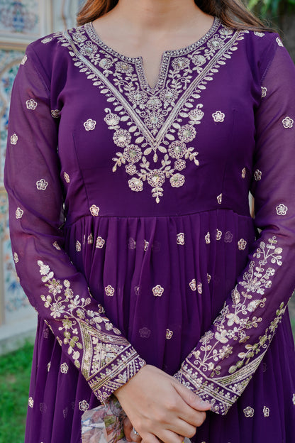 Georgette Embroidered Gown with Pant and Organza Dupatta Set