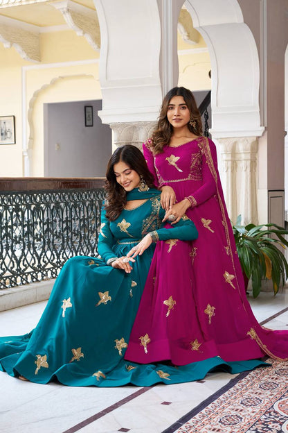 Faux Georgette Embroidered Gown Pant Dupatta Set for Women