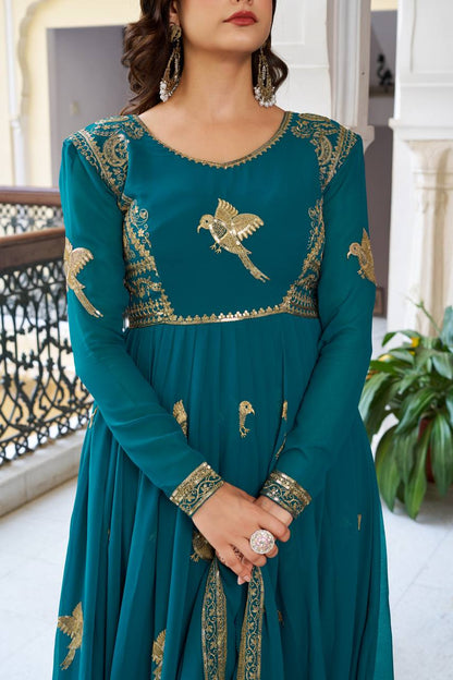 Faux Georgette Embroidered Gown Pant Dupatta Set for Women