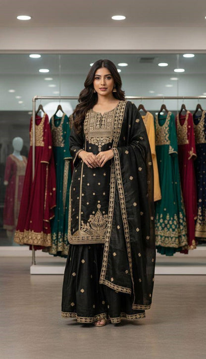 Embroidered Top Sharara Dupatta Set with Cording Sequence Work