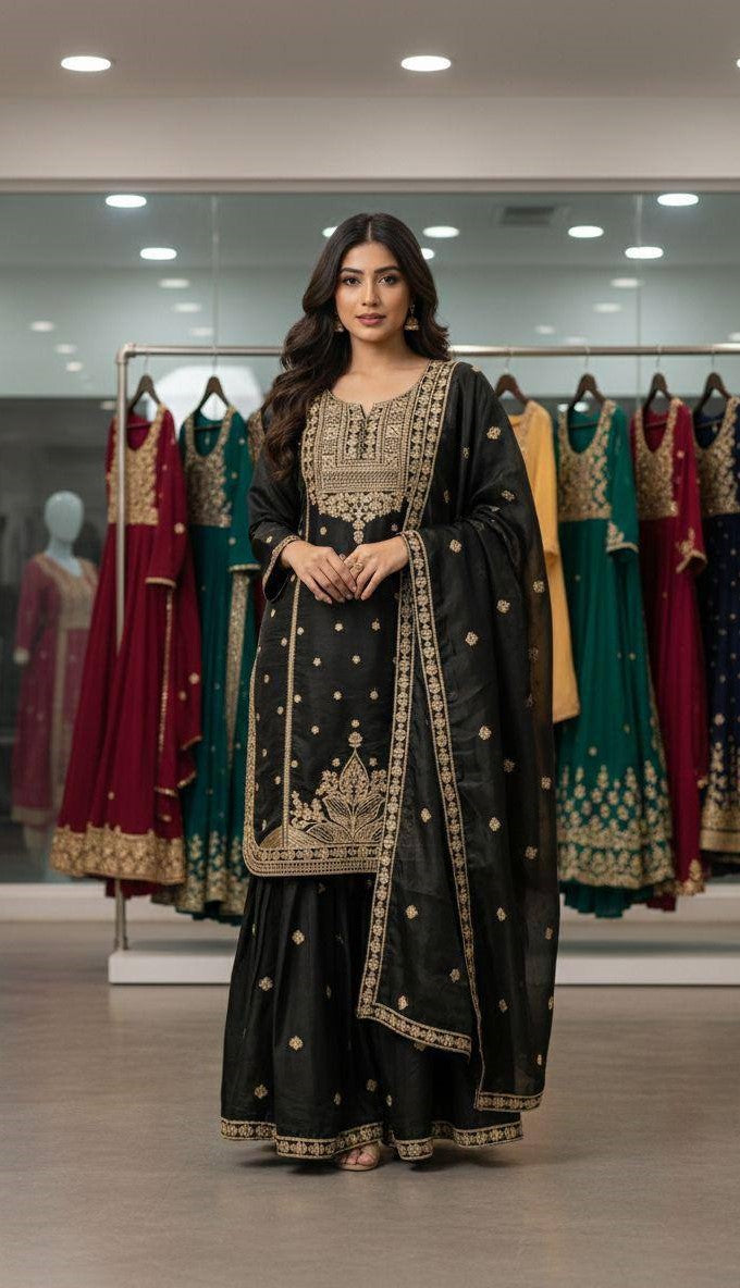 Embroidered Top Sharara Dupatta Set with Cording Sequence Work