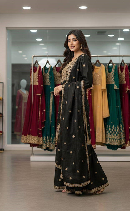 Embroidered Top Sharara Dupatta Set with Cording Sequence Work
