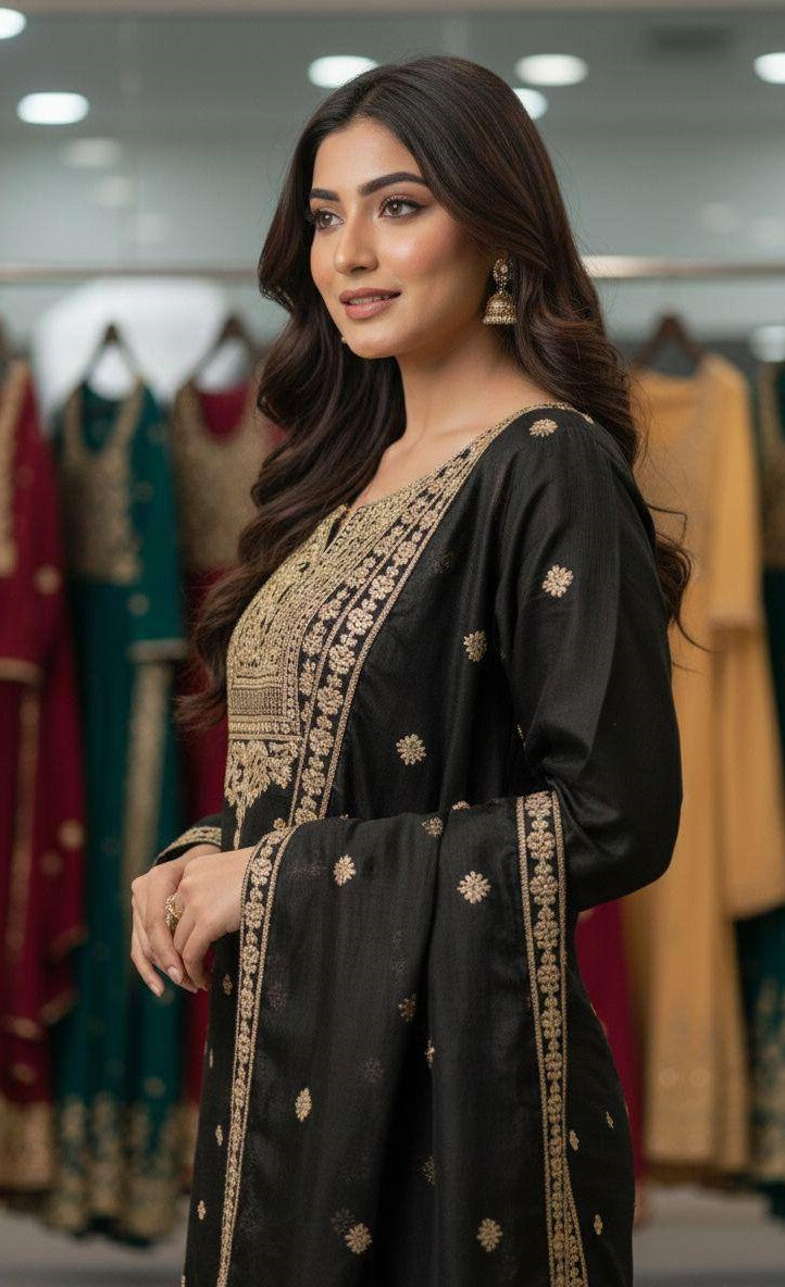 Embroidered Top Sharara Dupatta Set with Cording Sequence Work