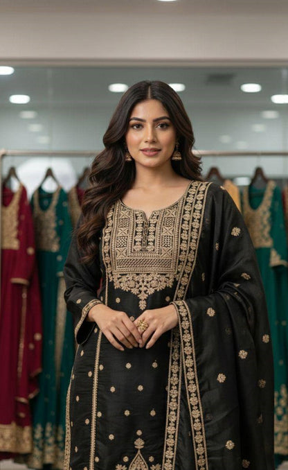 Embroidered Top Sharara Dupatta Set with Cording Sequence Work