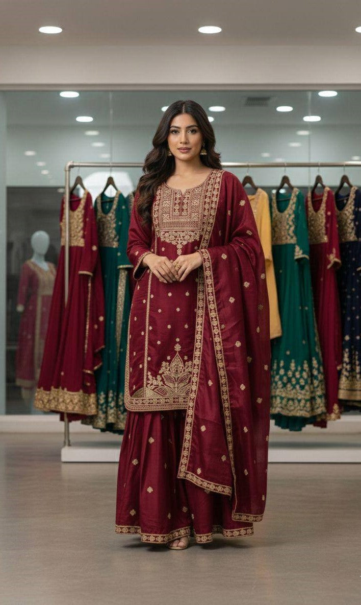 Embroidered Top Sharara Dupatta Set with Cording Sequence Work