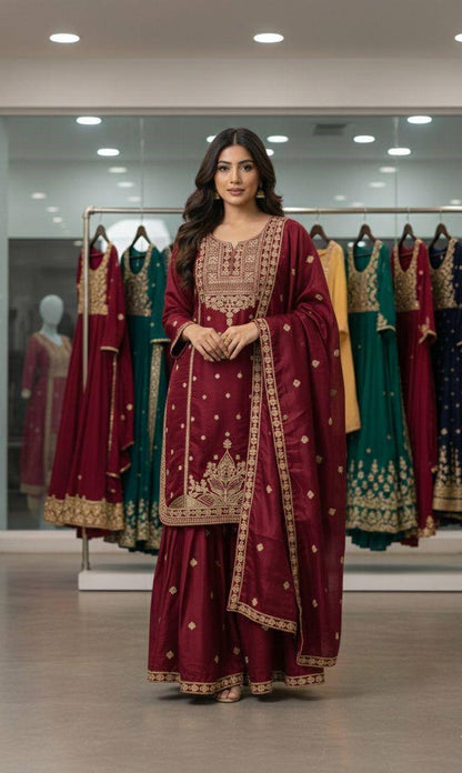 Embroidered Top Sharara Dupatta Set with Cording Sequence Work