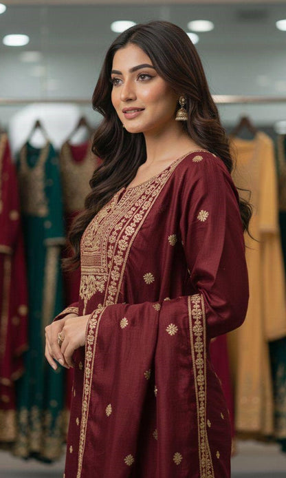 Embroidered Top Sharara Dupatta Set with Cording Sequence Work