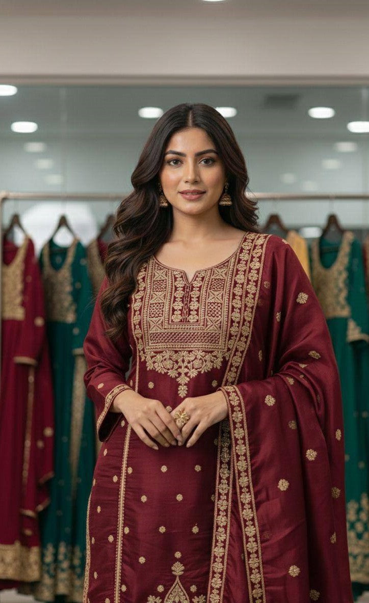 Embroidered Top Sharara Dupatta Set with Cording Sequence Work