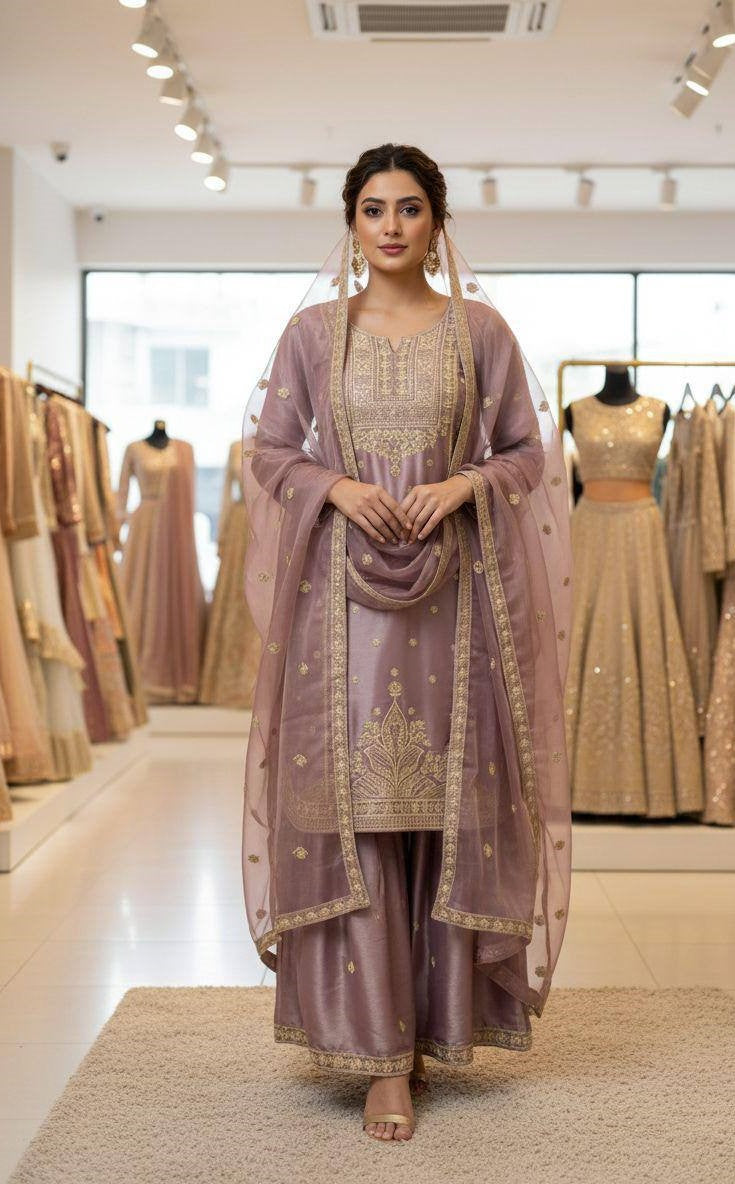 Embroidered Top Sharara Dupatta Set with Cording Sequence Work