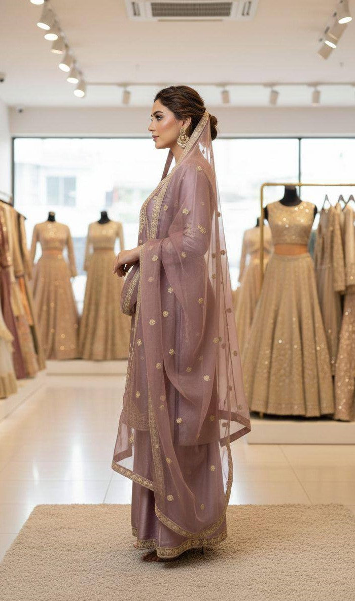 Embroidered Top Sharara Dupatta Set with Cording Sequence Work