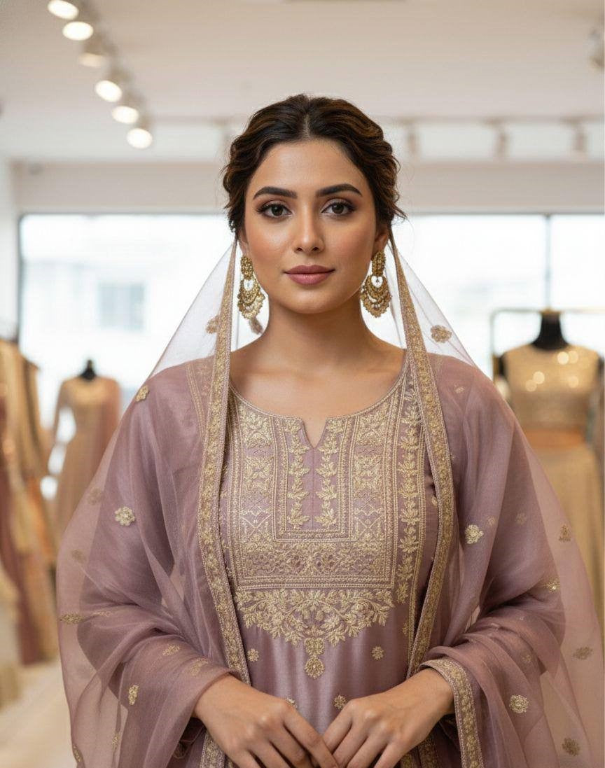 Embroidered Top Sharara Dupatta Set with Cording Sequence Work