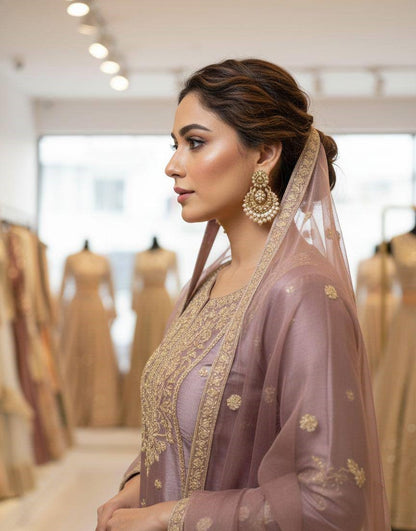 Embroidered Top Sharara Dupatta Set with Cording Sequence Work