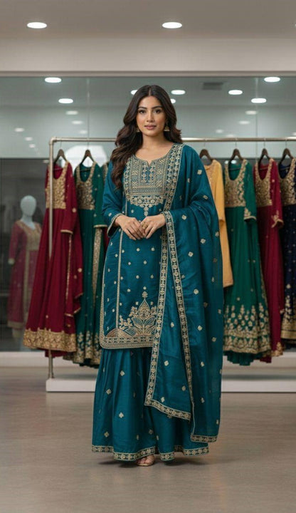 Embroidered Top Sharara Dupatta Set with Cording Sequence Work