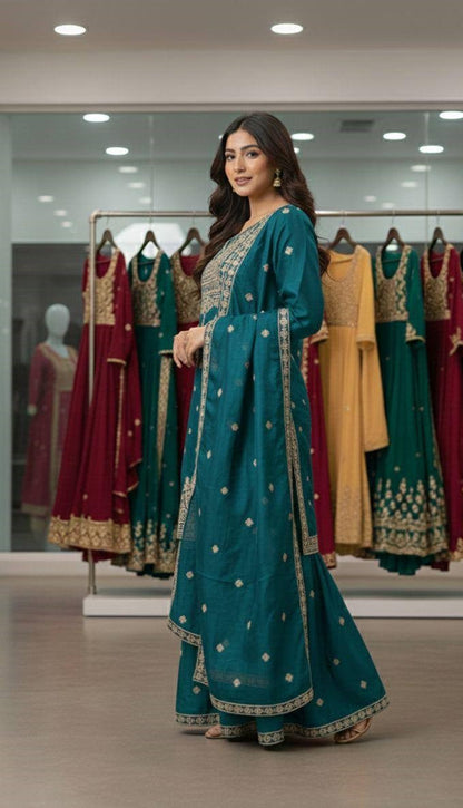 Embroidered Top Sharara Dupatta Set with Cording Sequence Work