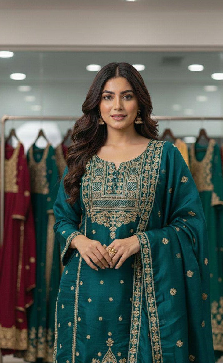 Embroidered Top Sharara Dupatta Set with Cording Sequence Work