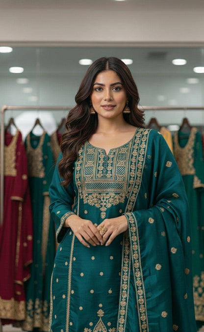 Embroidered Top Sharara Dupatta Set with Cording Sequence Work