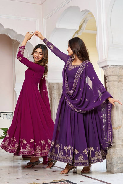 Faux Georgette Embroidered Gown Pant Dupatta Set