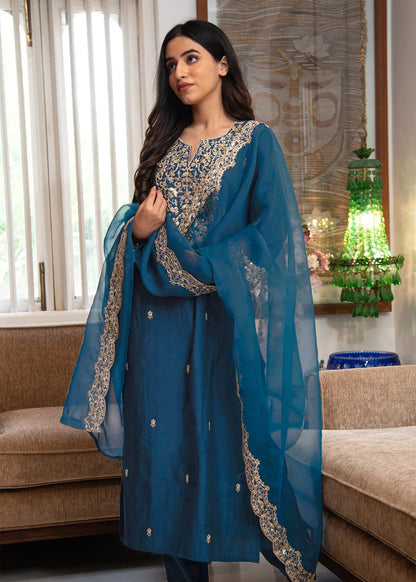 Cerulean Embroidered Kurta Pant Set with Organza Dupatta