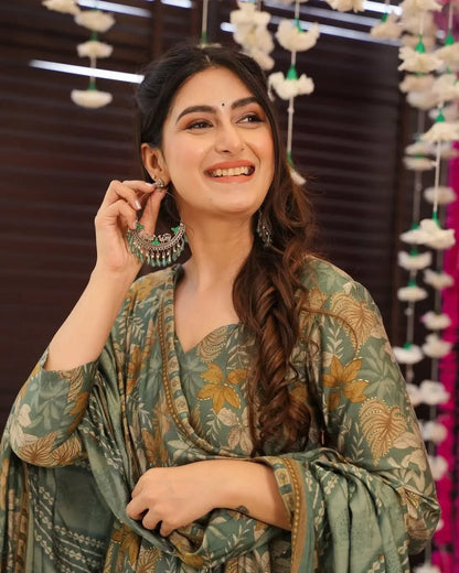 Green Printed Anarkali Kurta Pant Set with Chanderi Dupatta