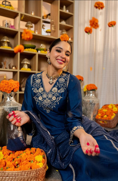 Pure Satori Silk Embroidered Kurta Set with Banarasi Dupatta