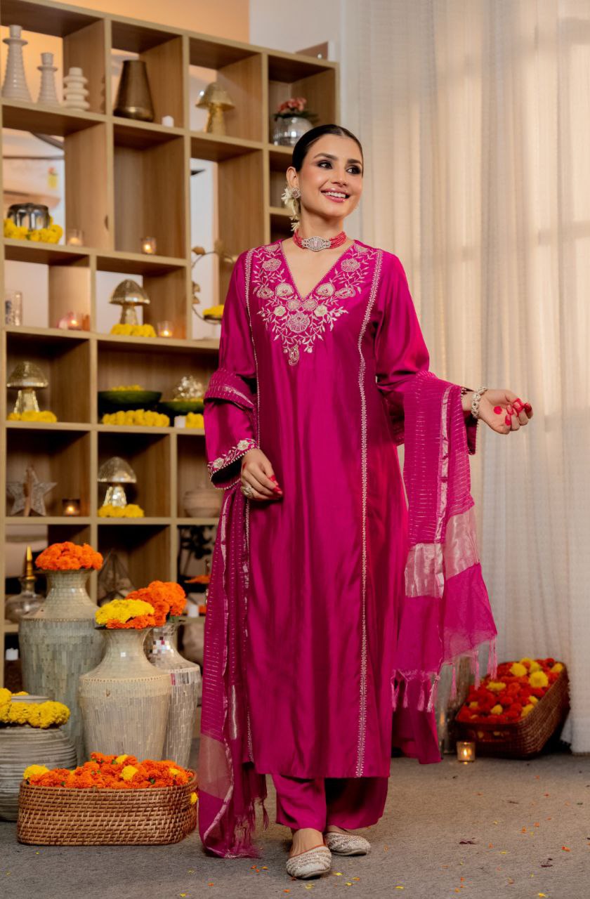 Pure Satori Silk Embroidered Kurta Set with Banarasi Dupatta