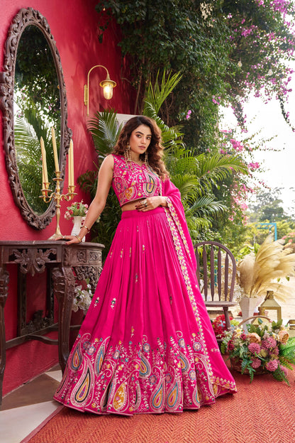 Pure Vichitra Silk Embroidered Lehenga Choli Set with Dupatta
