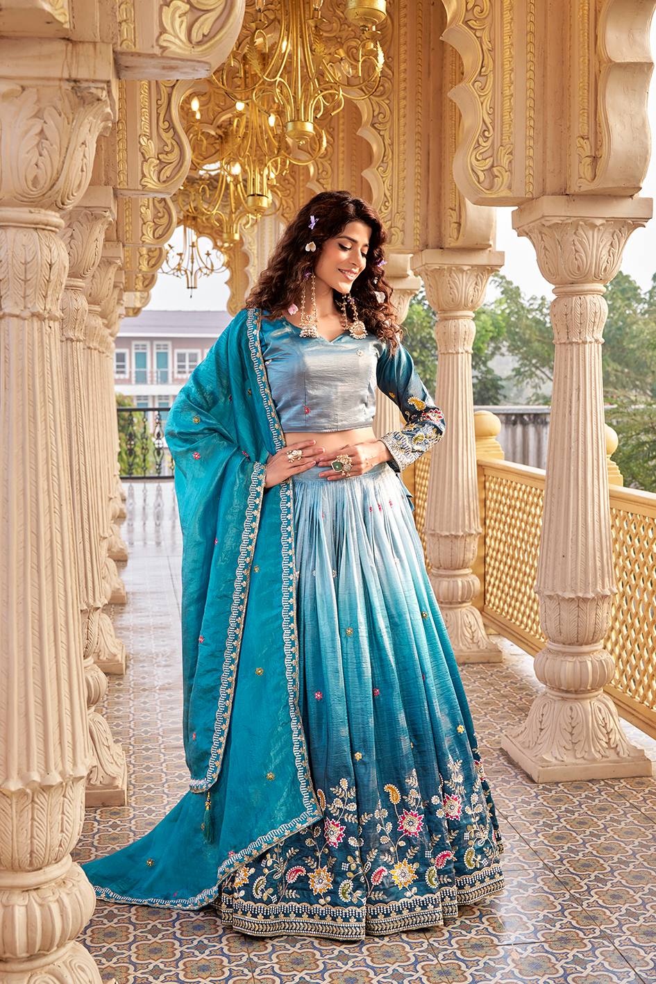 Pure Gold Crush Embroidered Lehenga Choli Set with Dupatta