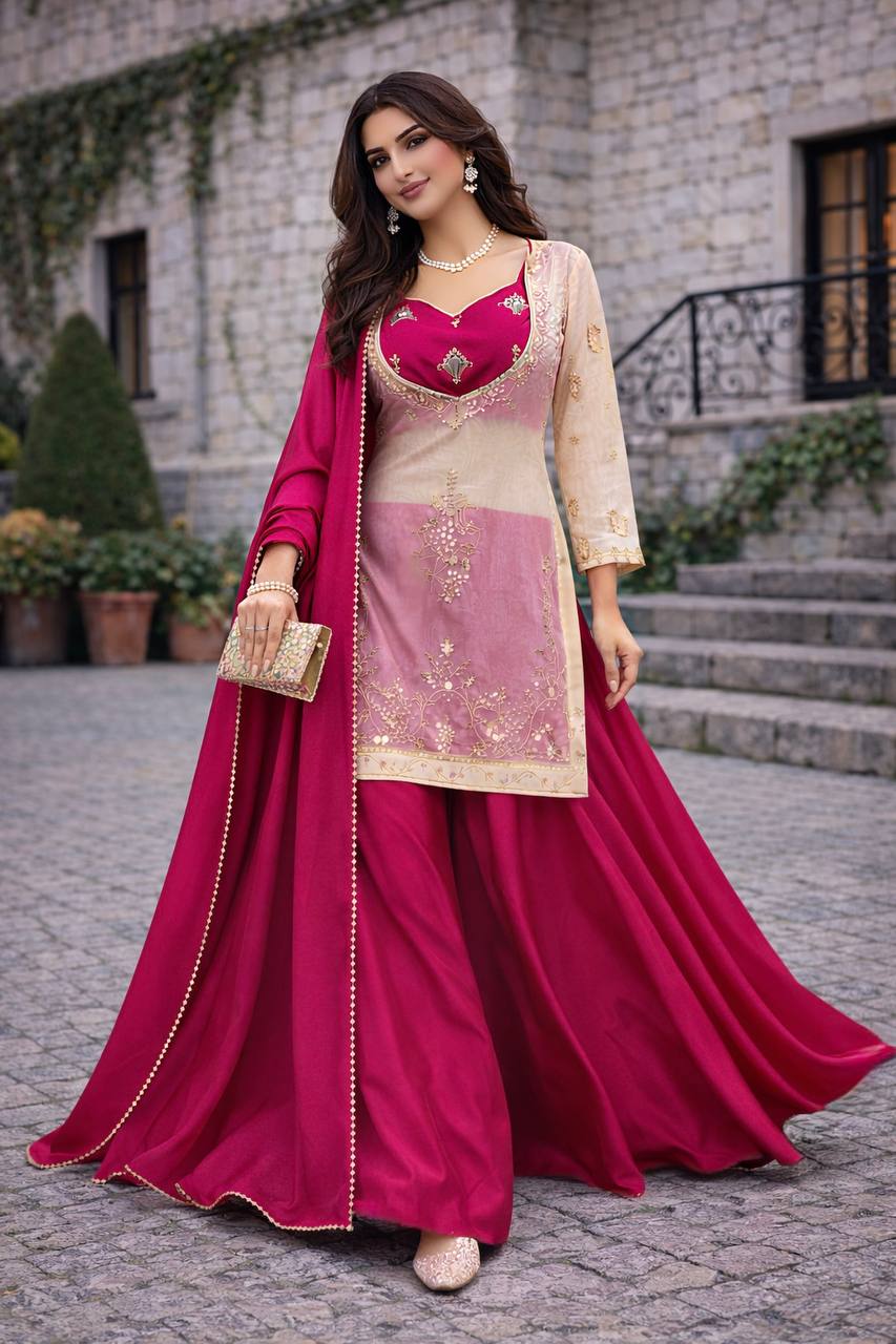 Heavy Embroidered Top Choli Palazzo Set with Dupatta